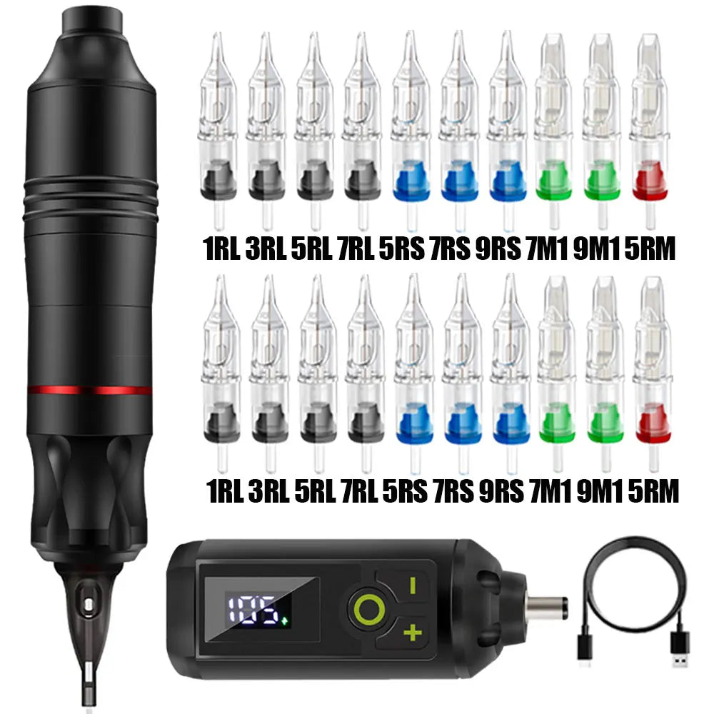 Wireless Tattoo Pen Kit Rotary Tattoo Pen Kit with Wireless Power Supply Cartridge Tattoo Needles for Tattoo Beginners Kits