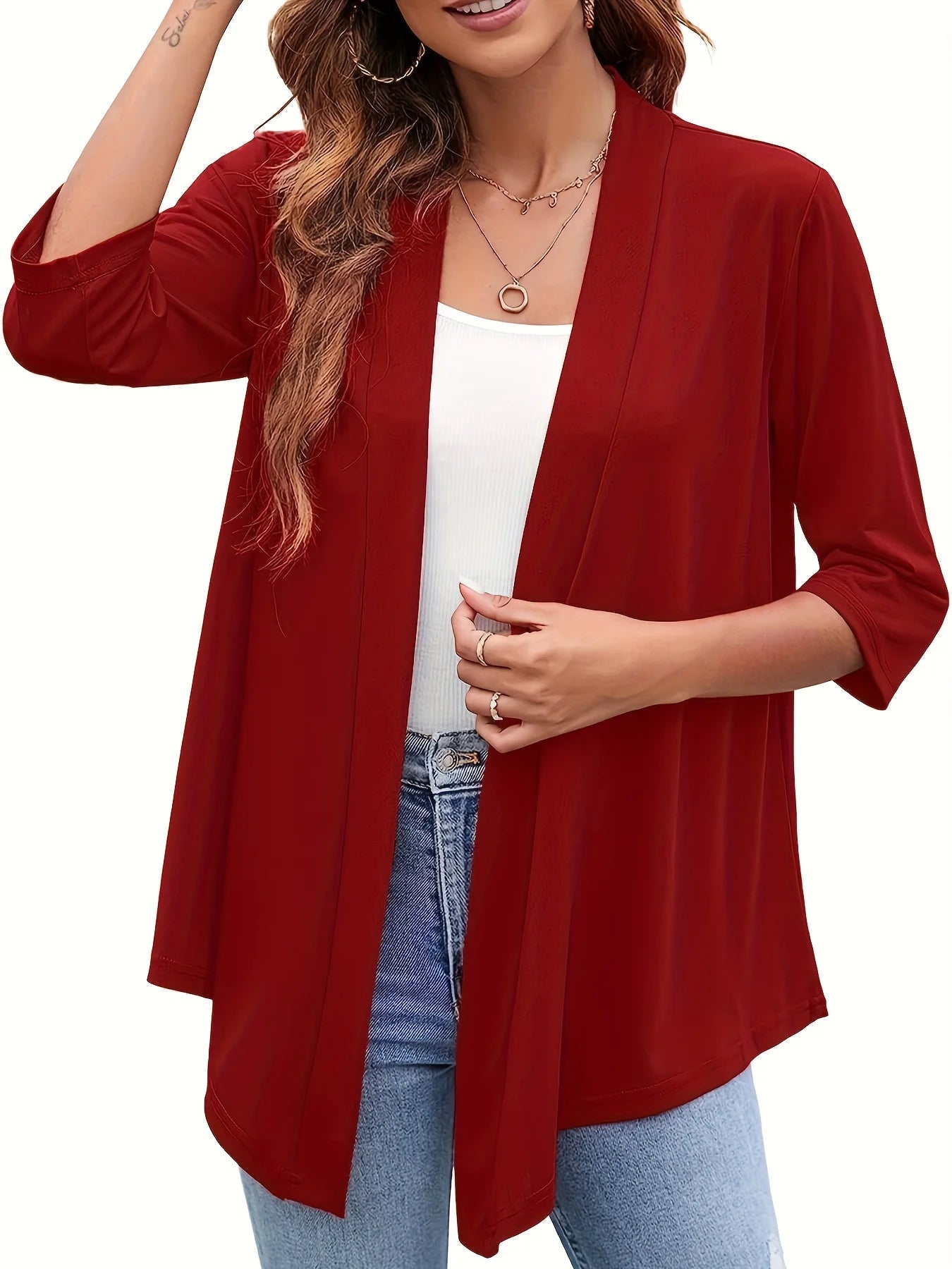 Dam Plus Size Lättviktig Öppen Kofta – Casual 3/4-ärm Mjuk Drapering Mångsidigt Vår/Sommar, 4 Färger 1XL–5XL