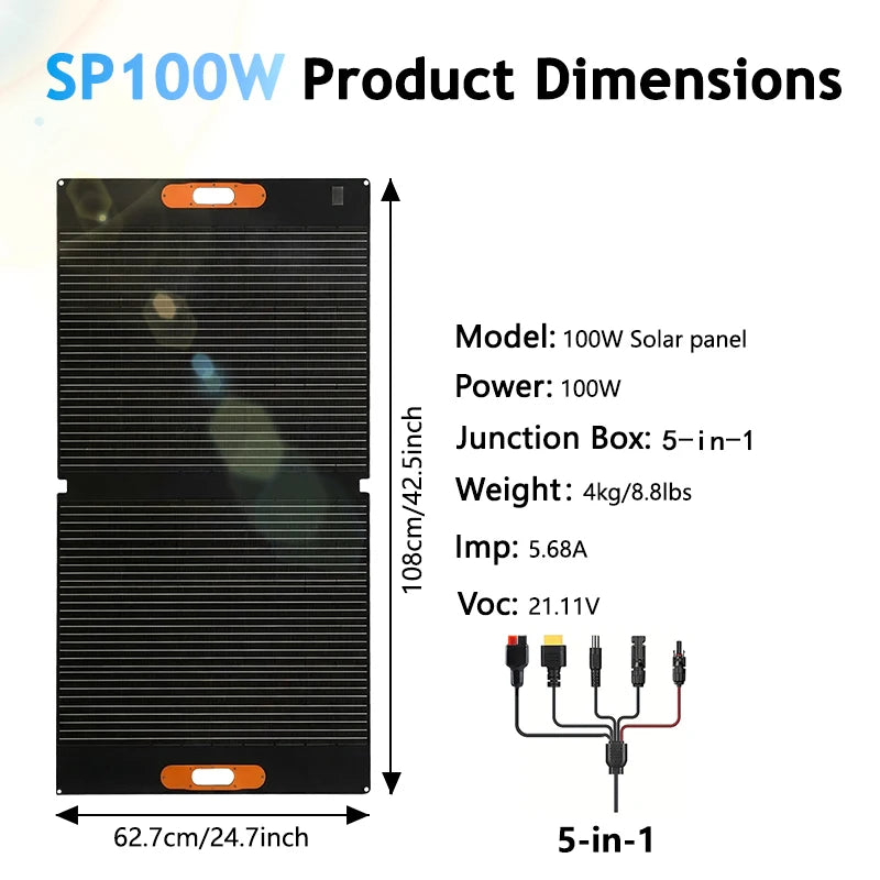 CHUBAN Hopfällbar Solpanel 100W – IP68, 24% Verkningsgrad, Flexibel, MC4/5-i-1, Camping & RV