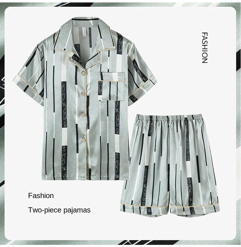 Fashion Summer Autumn 3 Piece Silk Men Pajamas Set Short Sleeve Shorts Oversize Homewear Lapel Collar Loungewear Pijamas for Man