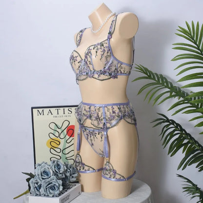Toucheart Erotic Lingerie Fancy Embroidery See-through Mesh Contrast Color Patchwork Gathertogether Women Delicate Underwear Set