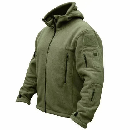 Herr Militär Fleecejacka med Huva – Varm Taktisk Jacka för Vandring och Friluftsliv, S–4XL