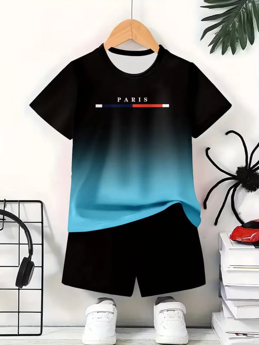 Pojkkläder Casual Färgblock Kortärmad T-shirt Shorts Set 2 delar