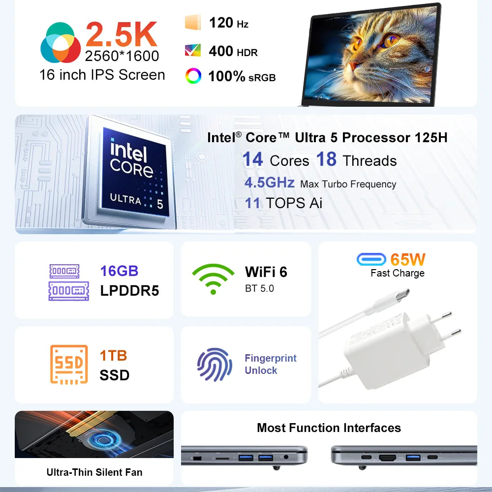 Ninkear Laptop 16 Inch 2.5K 120Hz Display, Intel Core Ultra 5 125H AI Laptop, 16GB DDR5 RAM 1TB SSD, WiFi 6 Bluetooth 5.2, Backlit Keyboard Fingerprint, Professional Laptop for Work Creation