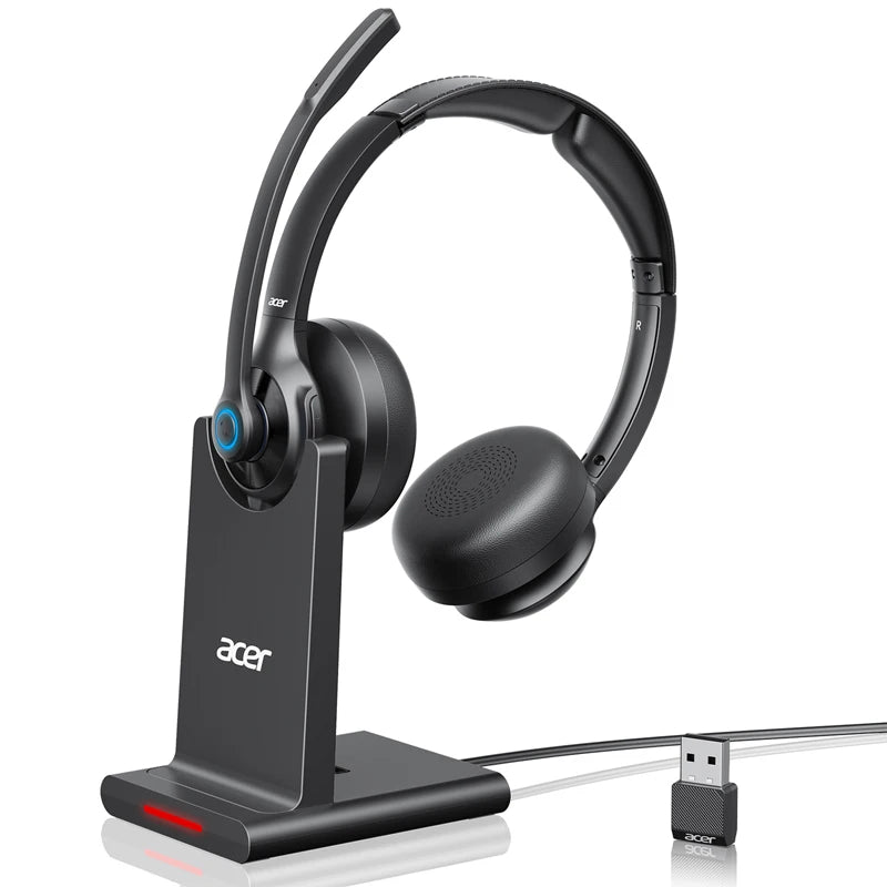 Acer HB02 Wireless Headset with Mic for Work 2.4G Bluetooth 5.3 Dual Mode Headphones USB Dongle for PC Headset for Call Center