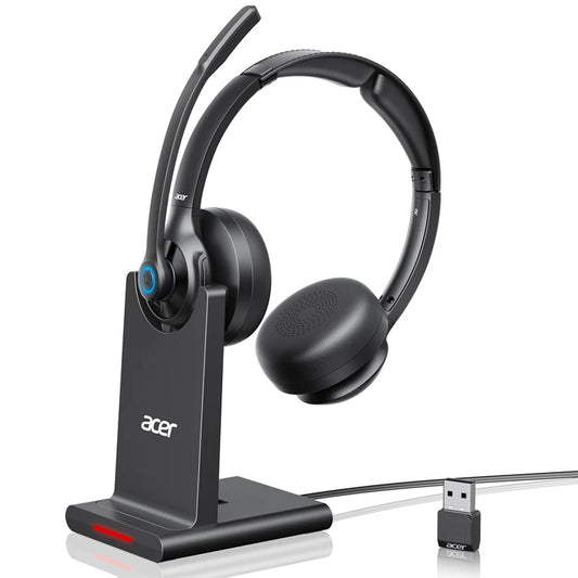 Acer HB02 Trådlöst Kontors-Headset – Bluetooth 5.3 2.4GHz Dual-Mode 36h ANC 40mm Fällbar Mikrofon USB-C Laddningsdocka CE Svart