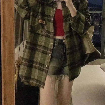 Vintage Dark Green Plaid Shirt Women Long Sleeve Oversized American Casual Fall Layering Top Blouse Coat Jacket