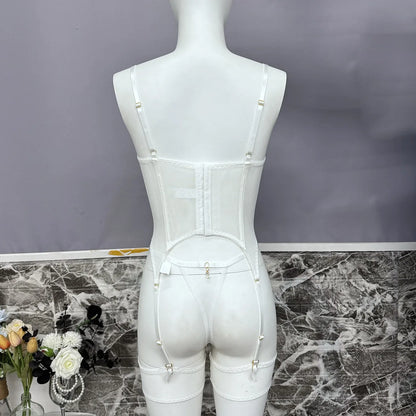 Floral Embroidered Boned Corset Lingerie Set Sheer Mesh Underwire Bustier Garter Straps Waist Cincher Romantic Night Clubwear