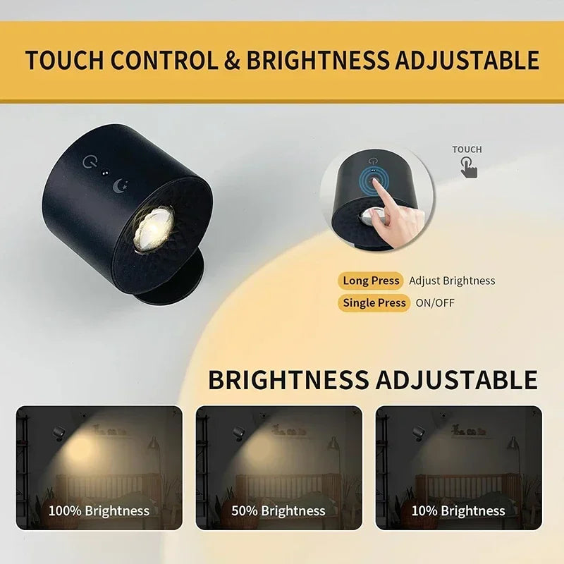 LED Dubbelhuvud Vägglampa – Touch, Fjärrkontroll, 360° Roterbar, USB-laddning, Trådlös