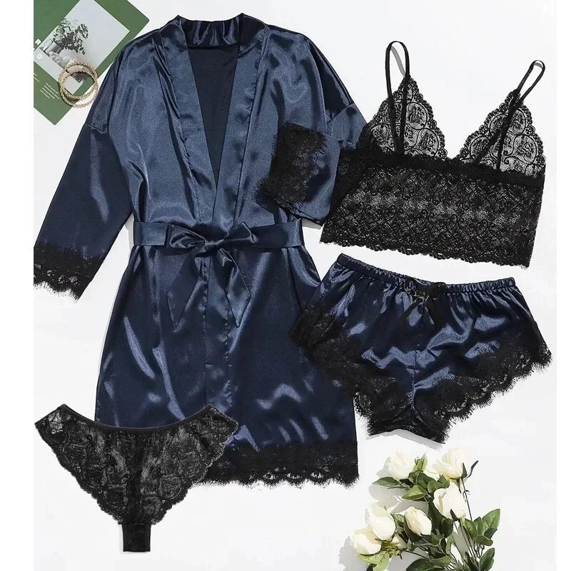 Pyjamasset dam med satinkänsla och spets – sex färger, S–2XL