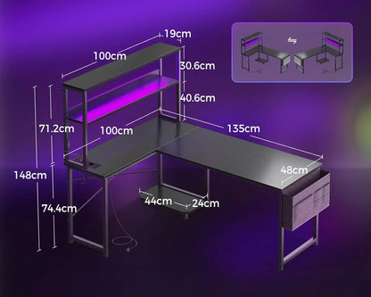 Coleshome L-Shaped Gaming Desk with Led and Sockets, 135×100cm, Black