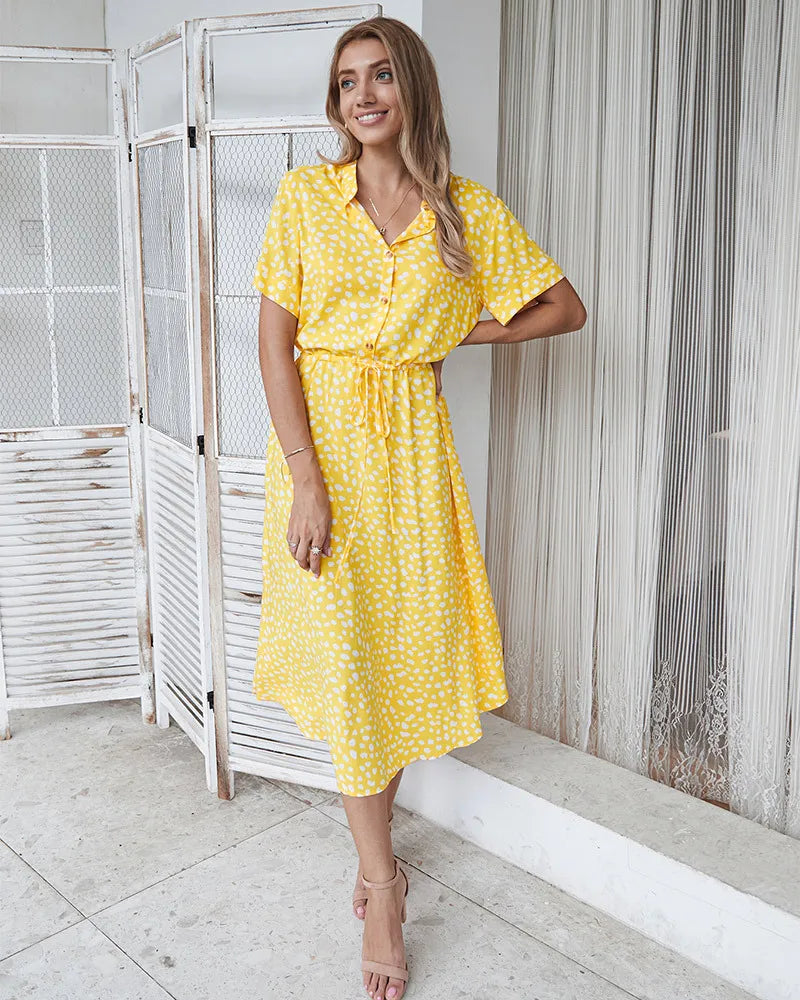 Vintage Blommig Boho Skjortklänning – Kortärmad, Lång, Nedvikt Krage, Skärp, 6 Färger, S–XL