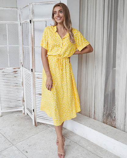 Vintage Blommig Boho Skjortklänning – Kortärmad, Lång, Nedvikt Krage, Skärp, 6 Färger, S–XL