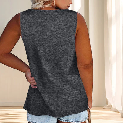 Women'S Plus Size Casual Tank Top with Button Detail - Sleeveless, Solid Color, Stretchy Fabric, Crew Neck, Oversized Fit for Su