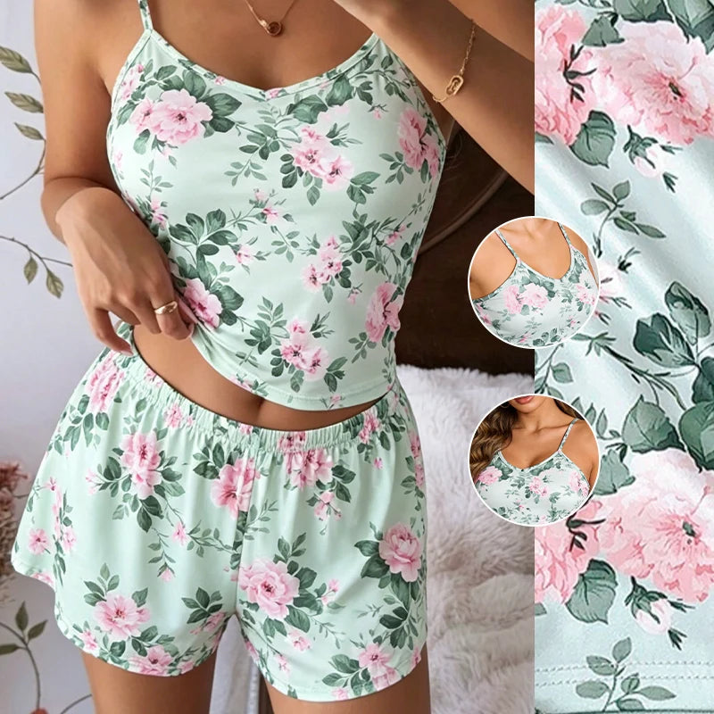 Dam Pyjamas Set Sommar – Blommig Print, Spagettiband V-ringning & Shorts, 10 Motiv