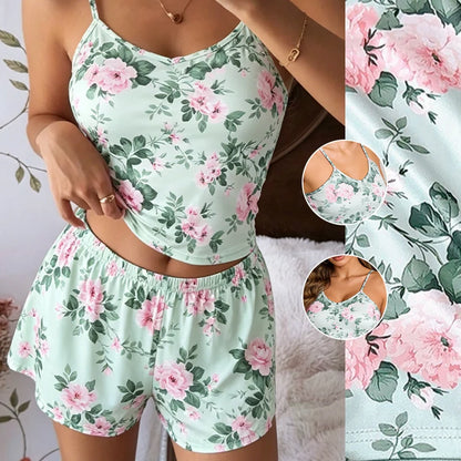 Women's Floral Print Pajama Set Spaghetti Strap V Neck Shorts Sleepwear Summer Breathable Loungewear Multi Print Casual Homewear