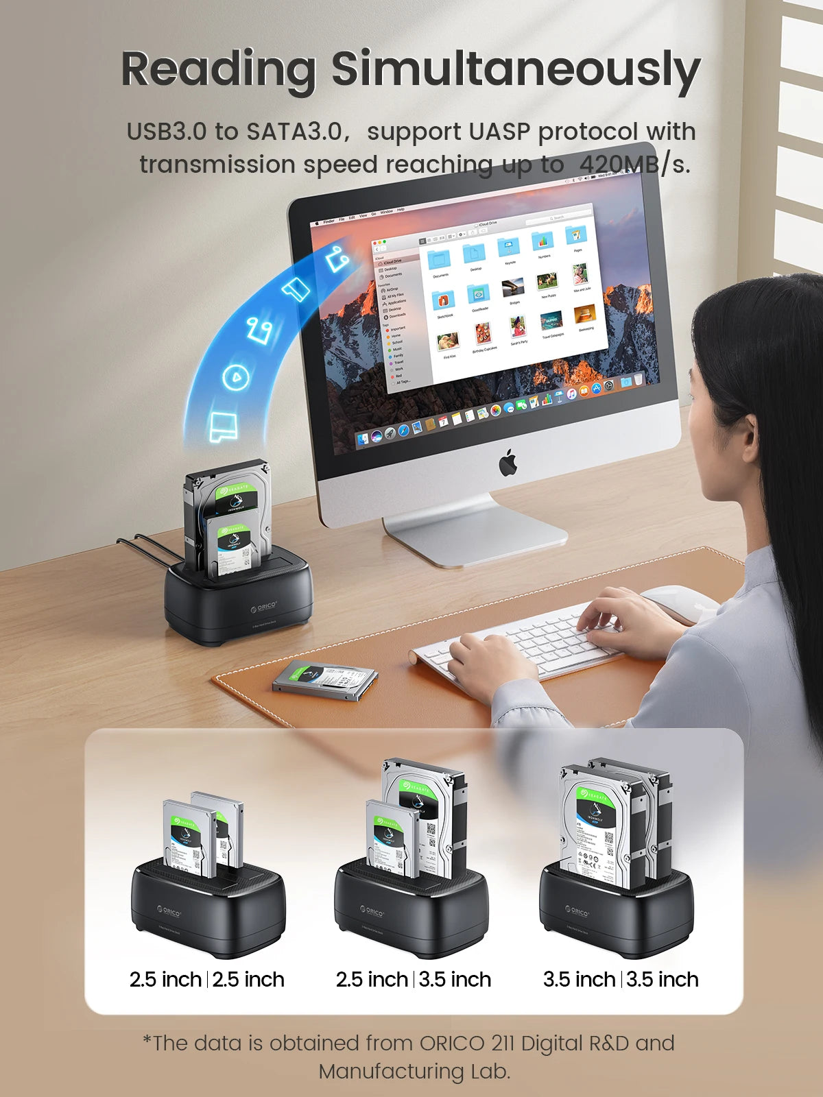 ORICO Dual-bay Hard Drive Station 5Gbps Type-C HDD Docking Station  with 12V 3A Power Adapter  for 2.5/3.5 Inch HDD/SSD