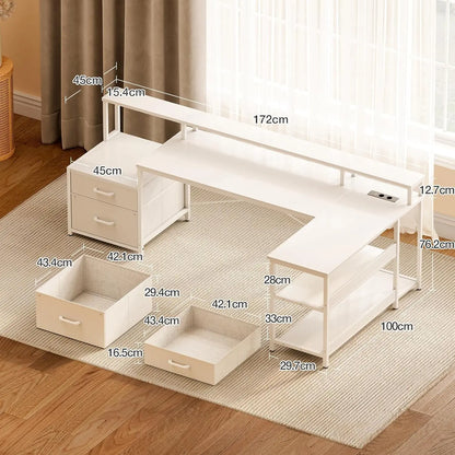 Coleshome desk with Drawers, 189.3 × 100cm Reversible Corner desk Large with 2 sockets & USB Charging Port, White