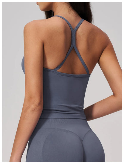 Summer New Yoga Vest Women Workout Crop Tops Cross Back Strap Fitness Bra Shockproof Sports Halter Workout Bra Push Up Yoga Vest