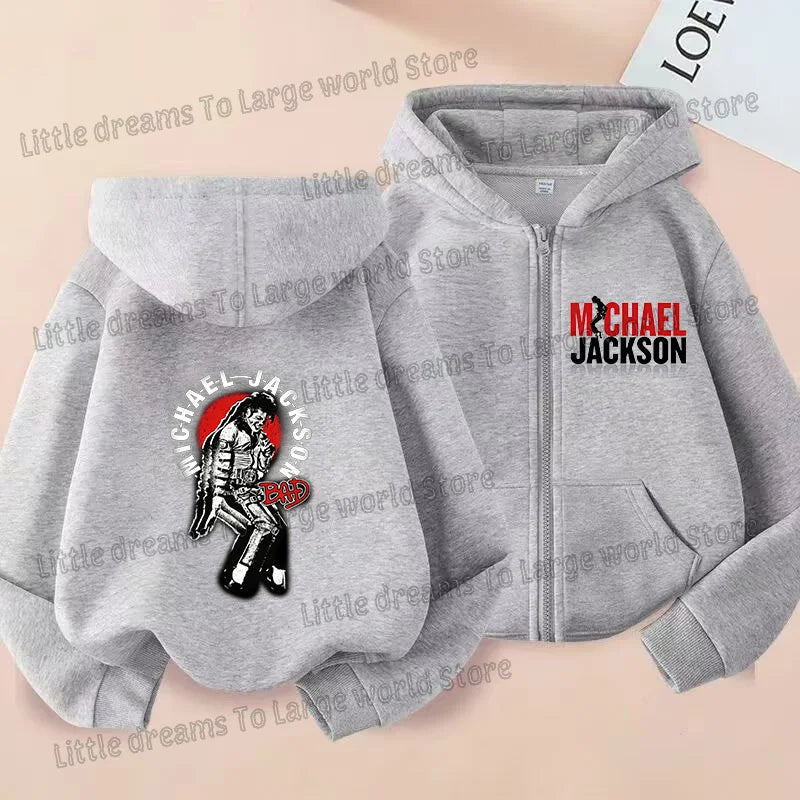 Michael Jackson Thin Long Sleeve Zipper Jacket Boys Hooded Clothes Autumn Spring Singer MJ Zip Up Streetwear with Pocket Tops