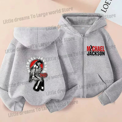 Michael Jackson Thin Long Sleeve Zipper Jacket Boys Hooded Clothes Autumn Spring Singer MJ Zip Up Streetwear with Pocket Tops