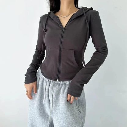 Women's Slim Fit Hooded Zip Up Sports Sweatshirt | Autumn Cropped Casual Jacket Long Sleeve Athletic Outerwear K Pop Clothes