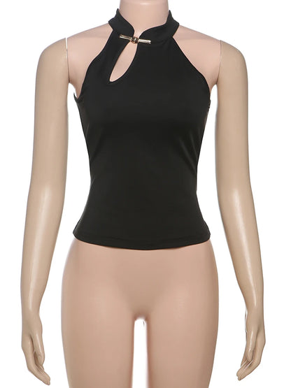 Dam Tank Top Cheongsam Buckle – Y2K Stretch Hollow Sommarlinne, Svart & Vit S–L