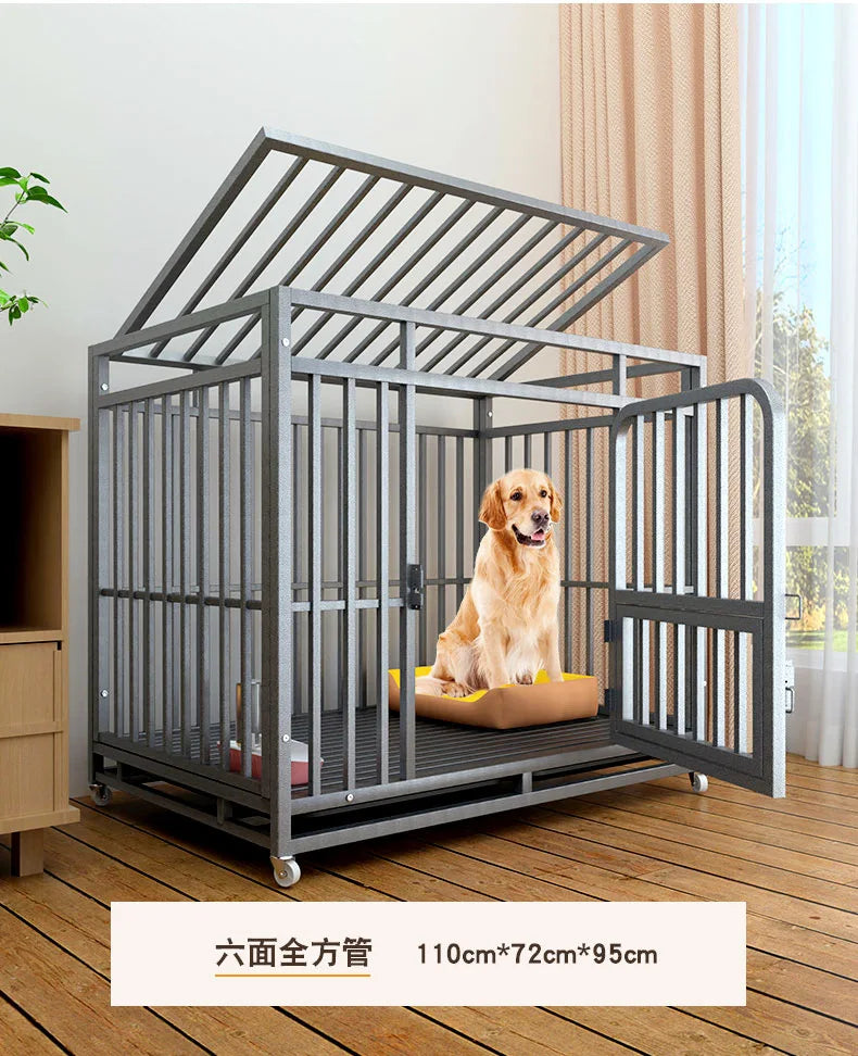 Heavy Duty Square Tube Dog Cage for Medium Large Dogs Indoor Metal Kennel with Toilet Tray Foldable Iron Pet Crate Furniture