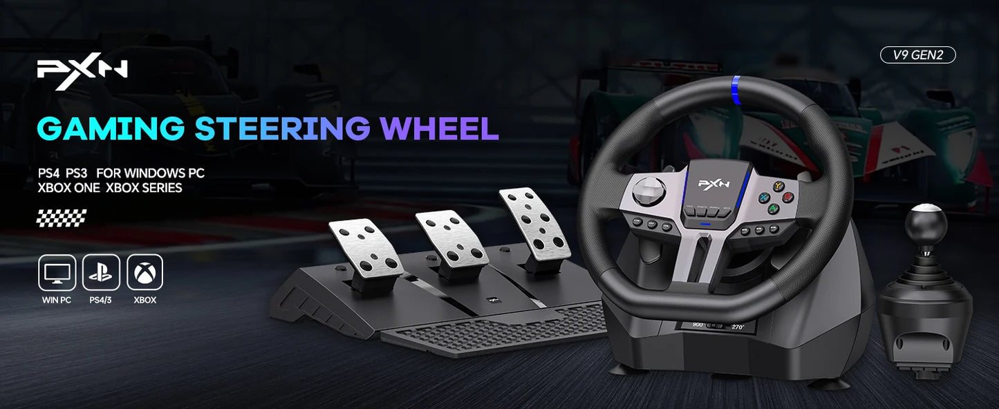 PXN V9 GEN2 Racing Wheel for PC/Xbox/PS4, 270°/900°, Hall 3-Pedal Set, H-Shifter, Dual Paddles, RGB, App