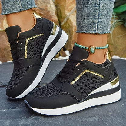 Mesh-sneakers med kilklack för dam – lätta plattformsskor med snörning