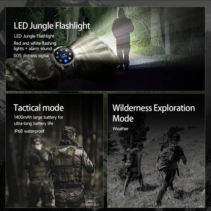 New 1400 mAh Battery Military Smartwatch Men IP68 Waterproof Flashlight Health Monitor Sports Call Smart Watch For iOS Android