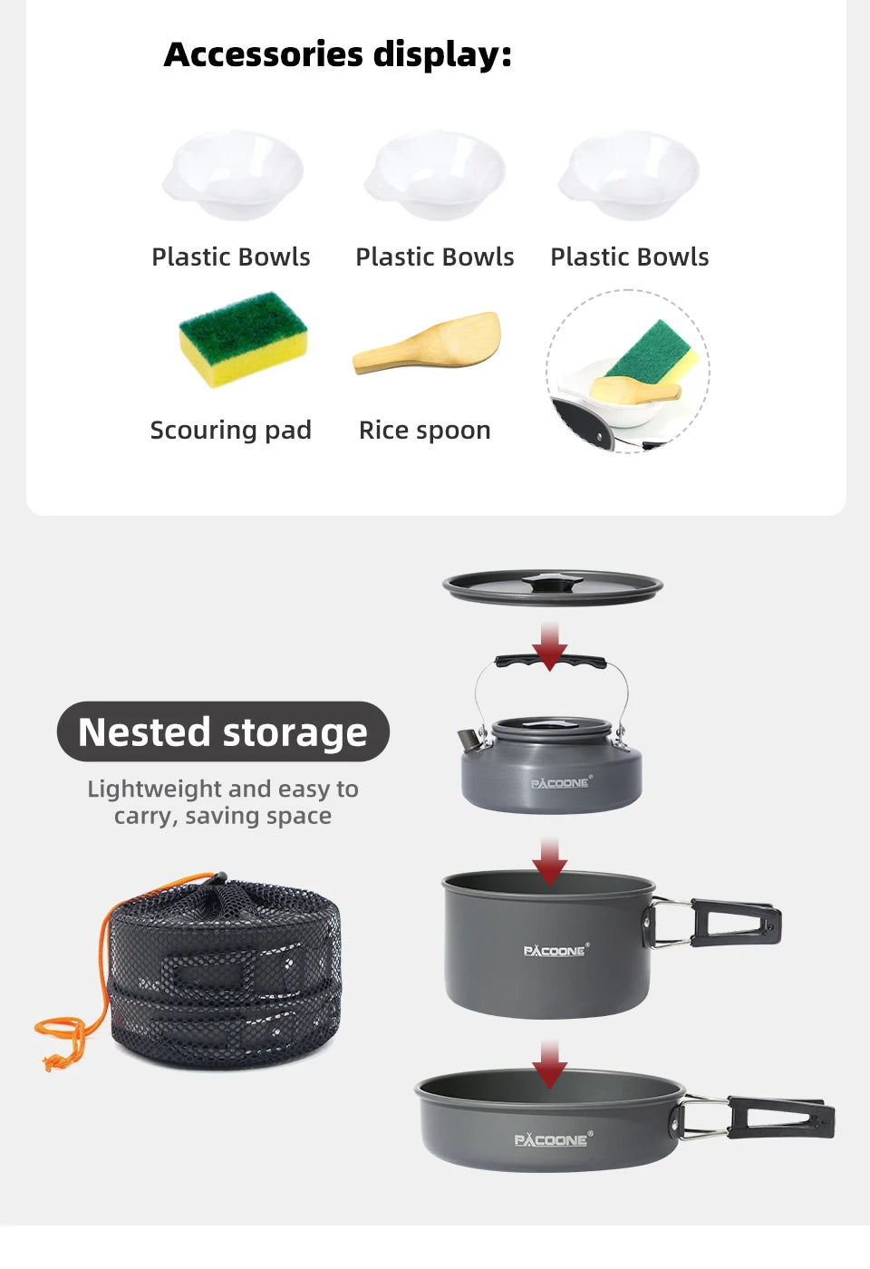 PACOONE Campingkokset – Portabelt Aluminiumset med Kastrull, Vattenkokare & Panna, Hopfällbart