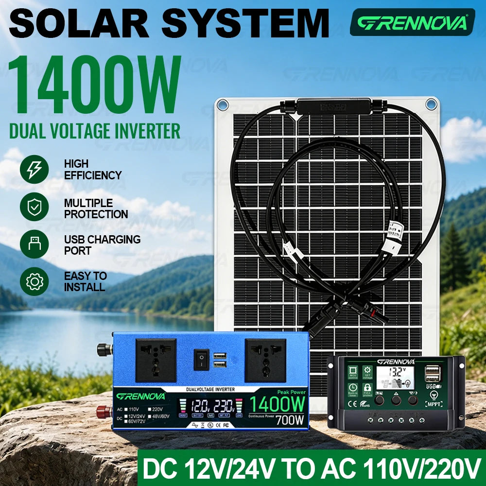 Off-Grid Solar Kit 50W Panel 60A  Controller Dual Voltage Inverter (Peak 1400W Rated 700W) 12/24V To 110V 220V Small Appliances