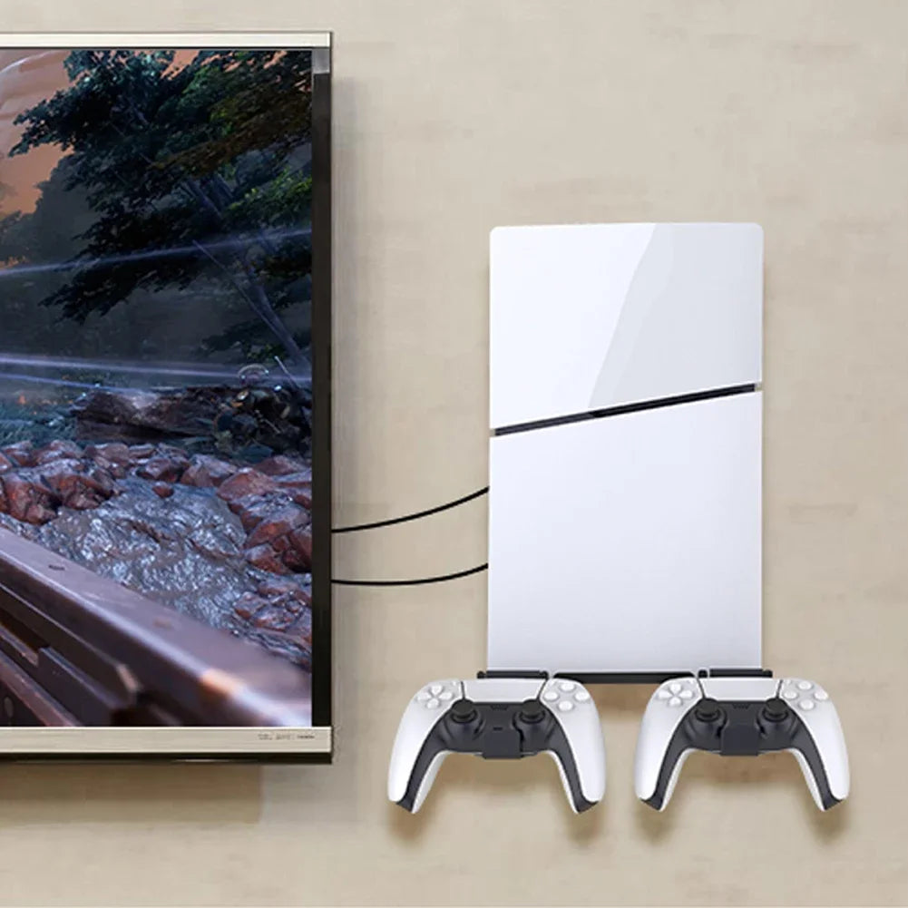 Wall Mount Bracket Display Stand Base with Controller Holder Wall Hanging Stand for PS5 Slim Digital Edition and Disc Edition