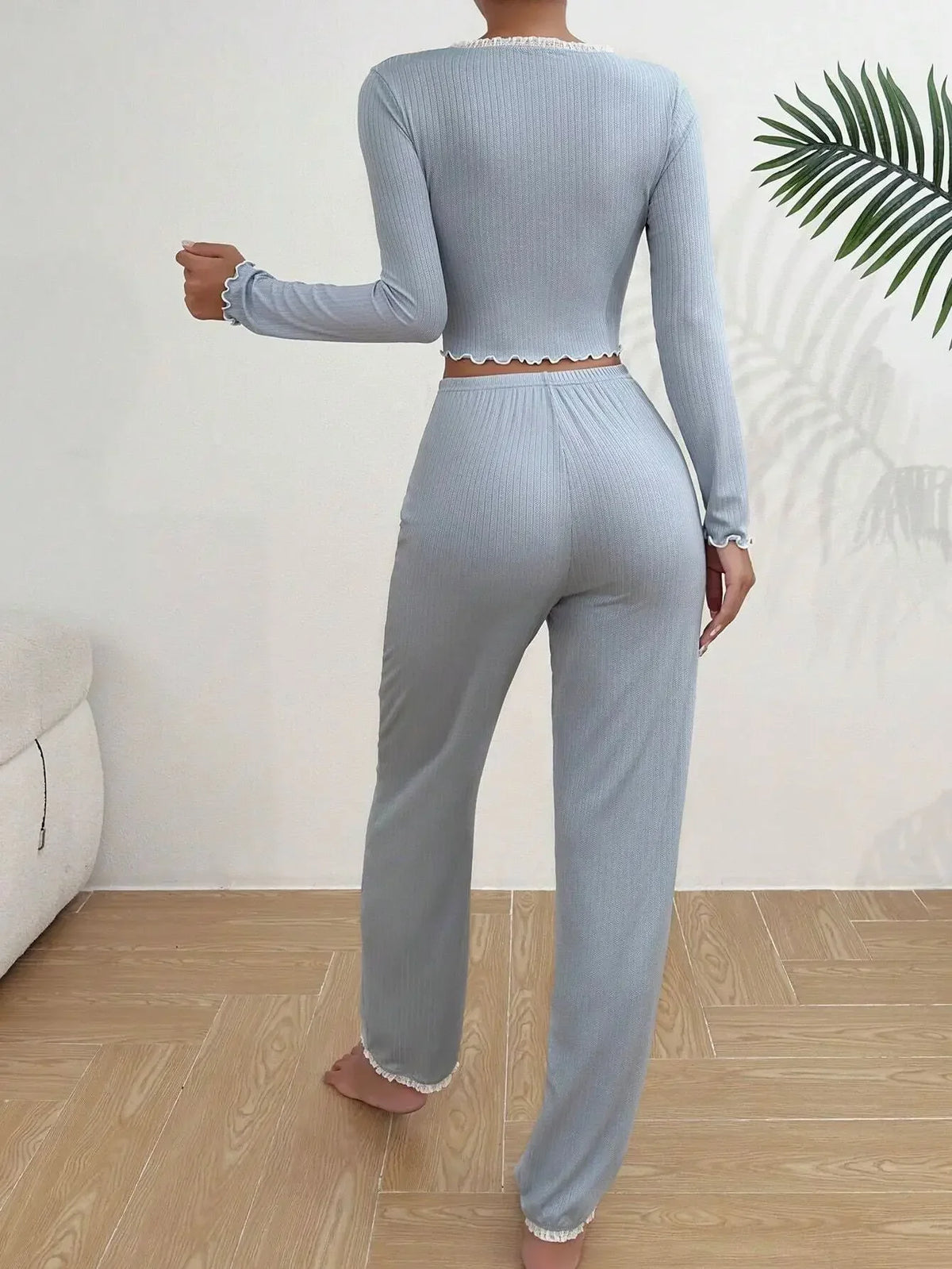 Dam Pyjamas 2-delat Set Höst & Vinter – Spets, Långärmad Loungewear, 4 Färger
