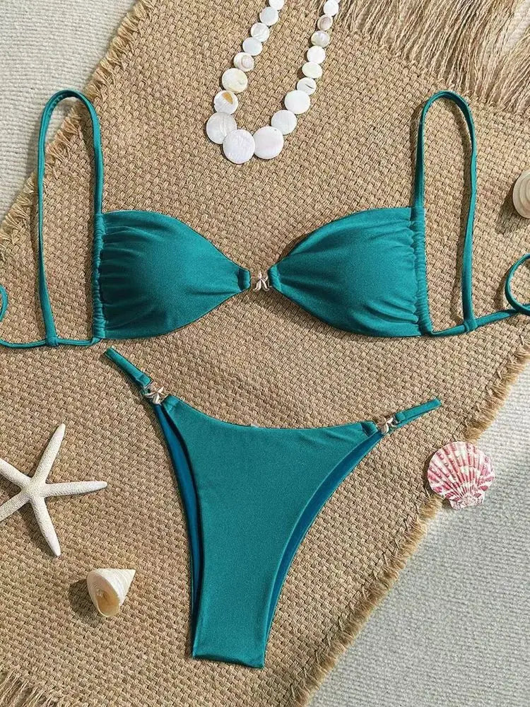 Cikini Women's Sexy Bikini Two Pieces Set Accessories Glossy Texture Special Fabric Solid Color Summer Beach Swimwear