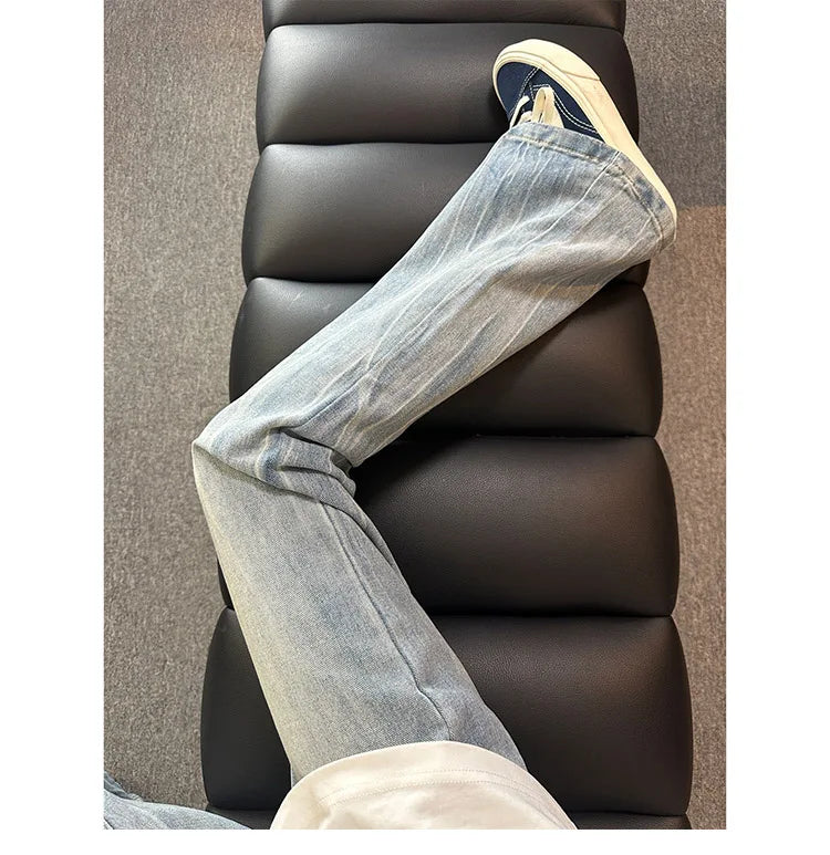 Washed Lightning Print Curved Flare Jeans For Male American Autumn Casual Fashion High Street Men Men Straight Leg Denim Pants