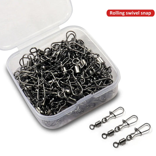 50pcs/box Swivel Snap Connector Pin Rolling Ring Fishing Tackle Box Buckle Hook Lure Kit Wire Rotate Bearing Pesca Tool Gear