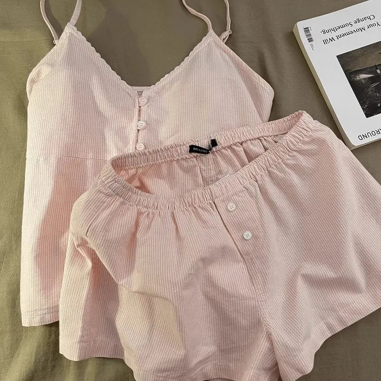Women Summer Cami Shorts Pajama Set Girls Student Homewear Set Woman Casual Loungewear Suitable Outing Loose Sleepwear Ladies