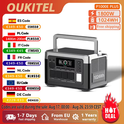 OUKITEL P1000 PLUS 1800W Portable Power Station 1024Wh Lifepo4 Battery Solar Generator, Home Backup Outdoor Camping Mobile Power