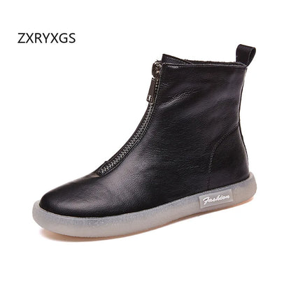 ZXRYXGS British Style Front Zipper Genuine Leather Boots Flat Sneakers 2026 Temperament Trend Autumn Winter Boots Black White