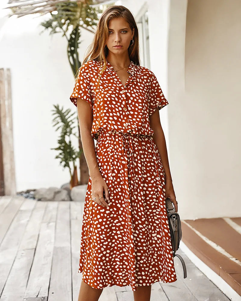 Vintage Blommig Boho Skjortklänning – Kortärmad, Lång, Nedvikt Krage, Skärp, 6 Färger, S–XL