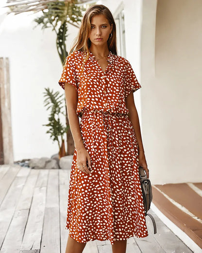Vintage Blommig Boho Skjortklänning – Kortärmad, Lång, Nedvikt Krage, Skärp, 6 Färger, S–XL