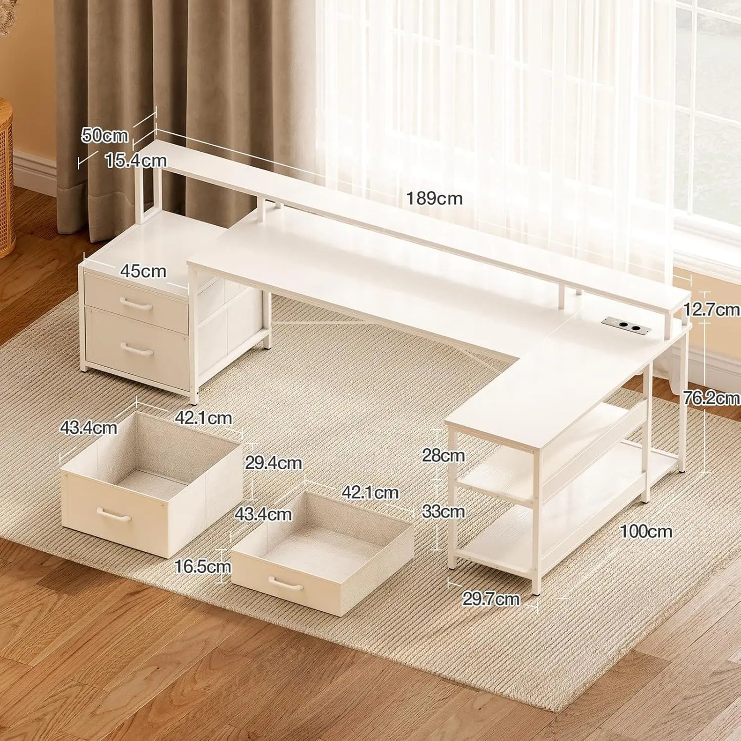 Coleshome desk with Drawers, 189.3 × 100cm Reversible Corner desk Large with 2 sockets & USB Charging Port, White