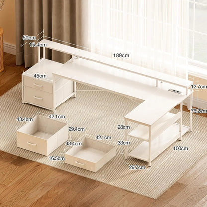 Coleshome desk with Drawers, 189.3 × 100cm Reversible Corner desk Large with 2 sockets & USB Charging Port, White