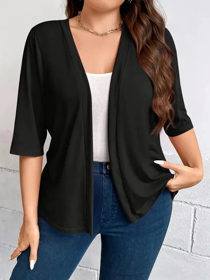 Dam Plus Size Blazer – Dräperad Öppen Enfargad 3/4-ärm Casual Mångsidigt Året Runt, 8 Färger 1XL–5XL