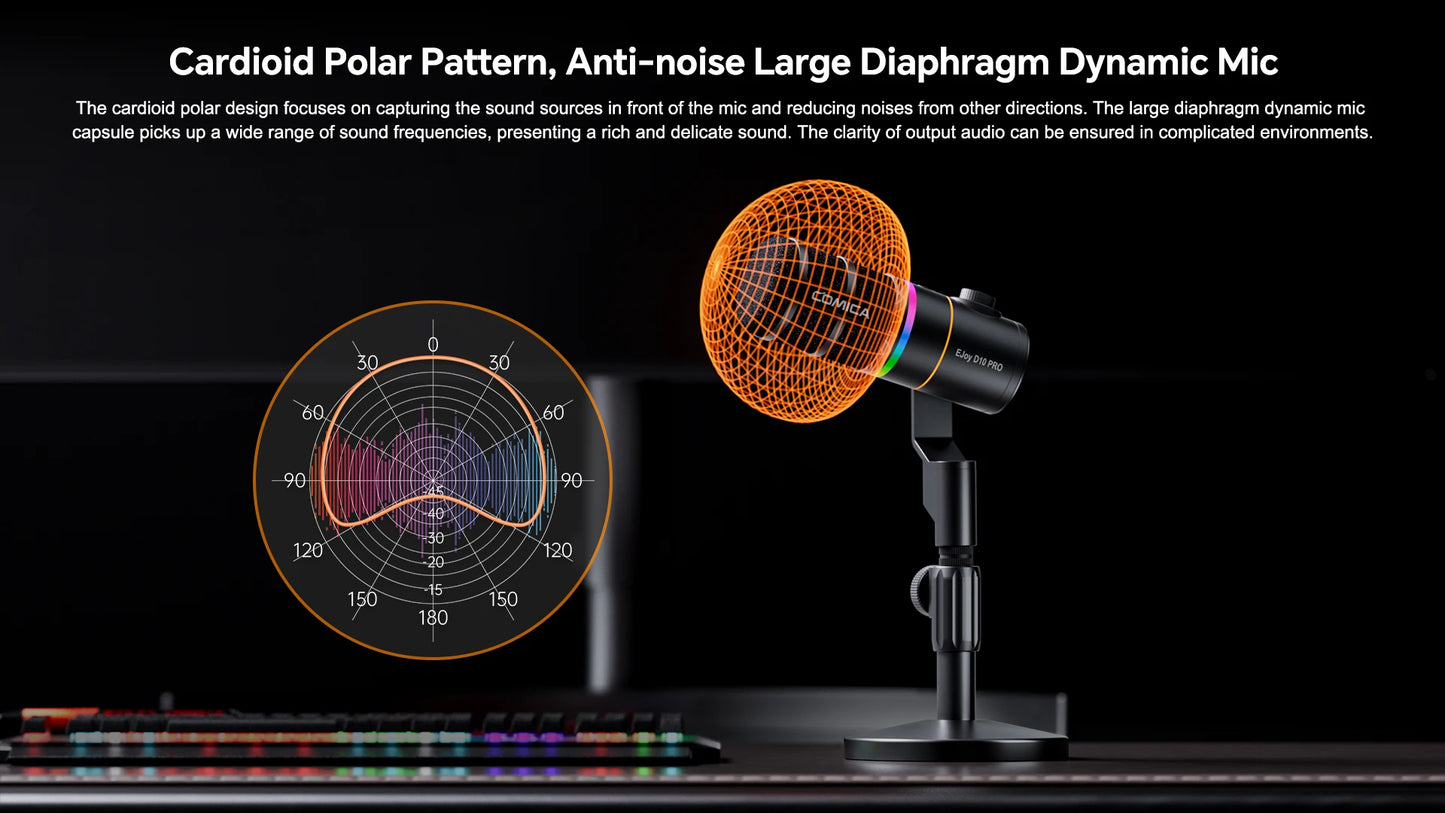 COMICA D10 PRO RGB Cardioid USB/XLR Dynamic Wireless Microphone Gaming Mic Voice Noise Reduction for Streaming Interview Podcast
