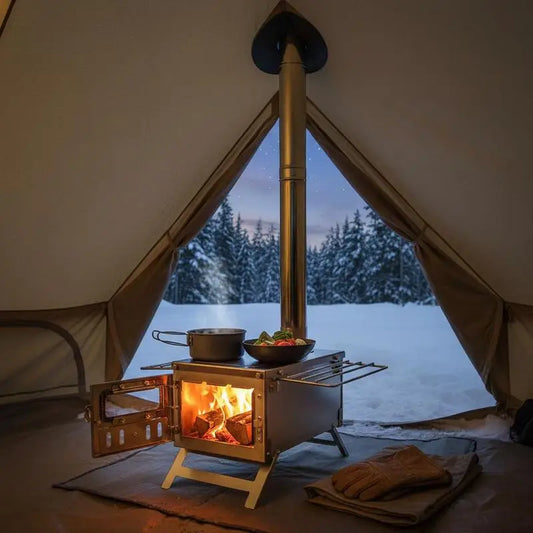 Vedkamin för Campingtält – Rostfritt Stål, 8 Skorstensrrör (203 cm), 49L Eldstad
