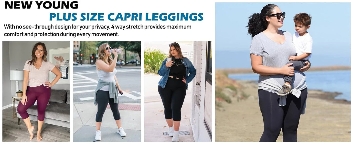 Plus Size Capri Leggings High Waist Tummy Control Stretchy Yoga Workout Women's Plus Size Pull on Stretch Capri Pants High Waist
