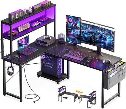 Coleshome L-Shaped Gaming Desk with Led and Sockets, 135×100cm, Black